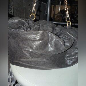 - ANTHROPOLOGIE JORY RUFFLE BLACK CLUTCH WITH DETACHABLE  GOLD CHAIN